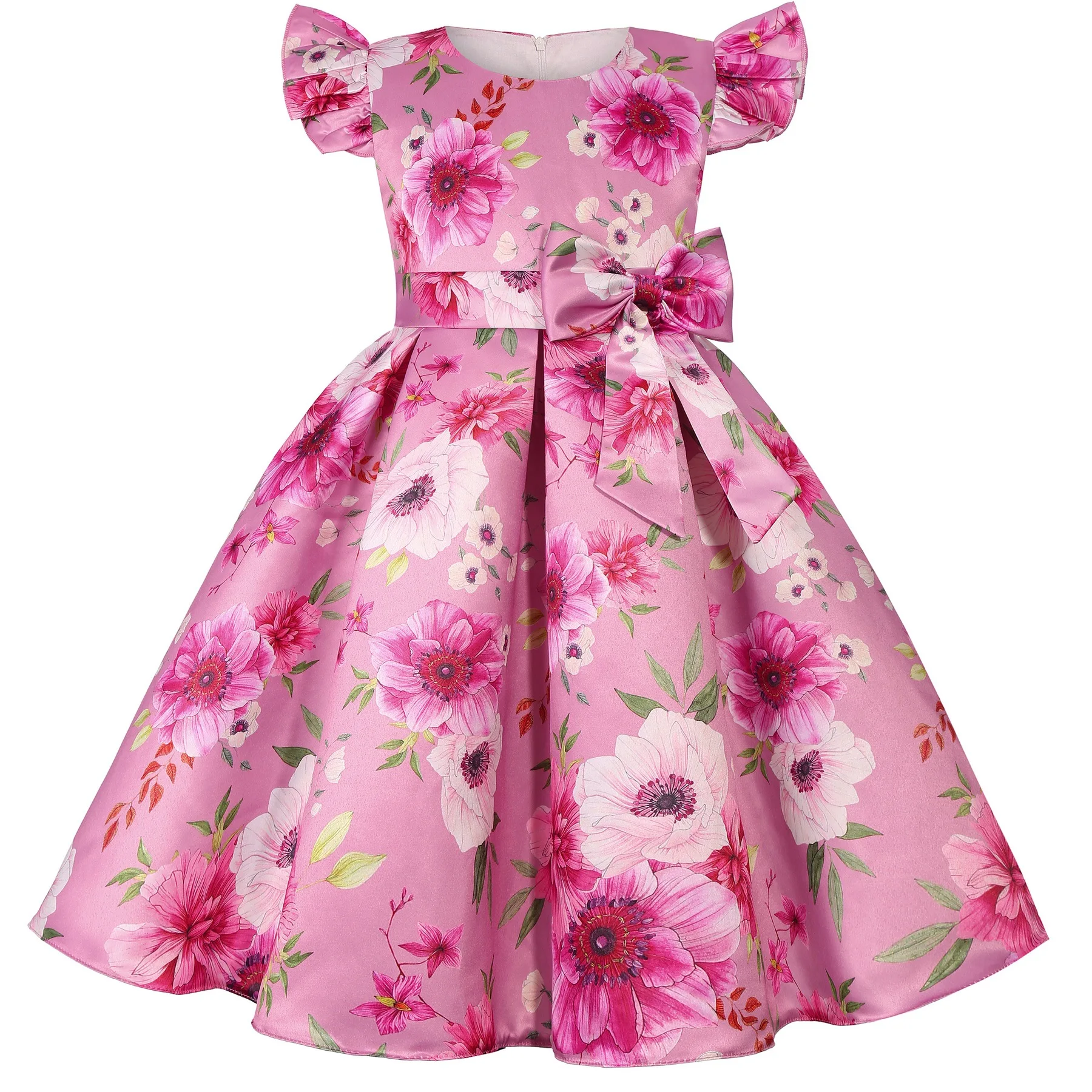 

Summer Girls Rose Print Dress Princess Wedding Birthday Party Frocks Satin Children Vestidos Dresses For Girl Christmas Clothing