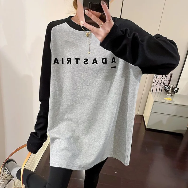 Fashion Color Block Printing Letter Mid Length Version T-shirt Women High Quality Casual Long Sleeve Loose O-collar Lady Top