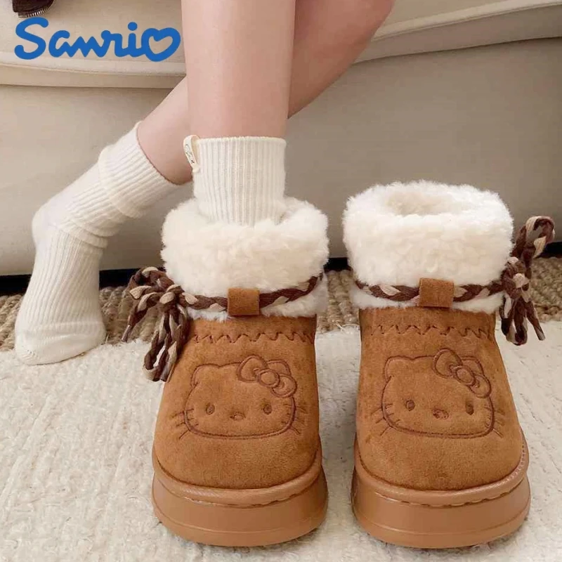 New Sanrio Hello Kitty Snow Winter Girl Plush Snow Booties Keep Warm Slippers Shoes Non-Slip Sneaker Outdoor Warmth Snow Boot