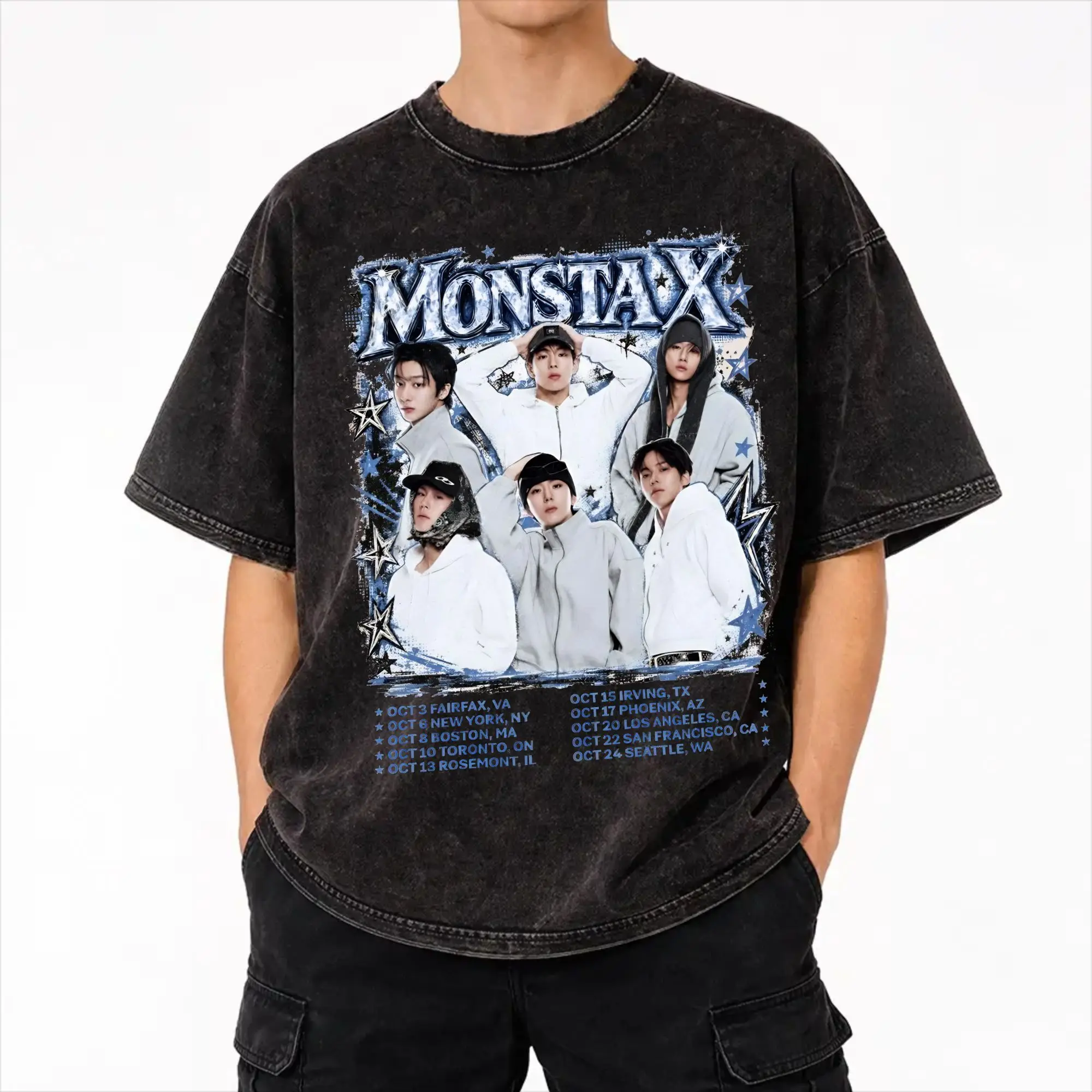 Printed Monsta X the X Nexus North America World Tour Washed T Shirts Merch Harajuku T-Shirts  Men Women Tee Shirt