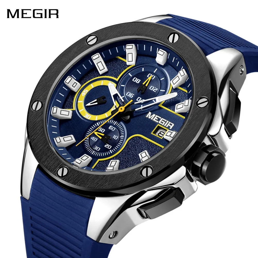 

MEGIR модные спортивные часы для мужчин кварцевые военные наручные часы водостойкий силиконовый ремешок мужские часы хронограф Reloj Hombre 2053