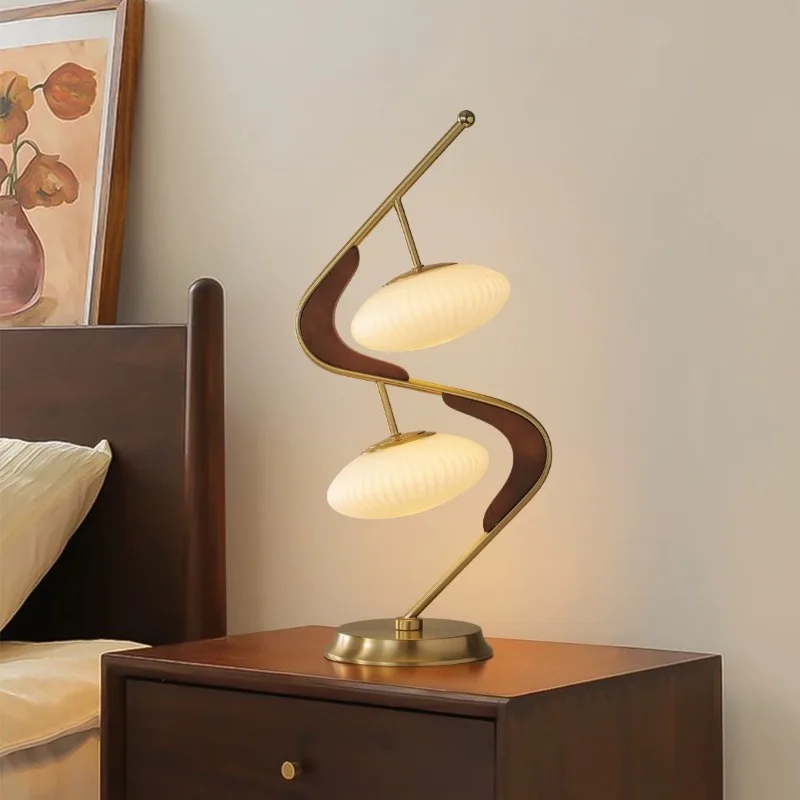 Classical Style Double-Light Table Lamp Led Walnut Textured Metal Frame Vertical Ribbed Glass Shades Bedroom Bedside Living Room