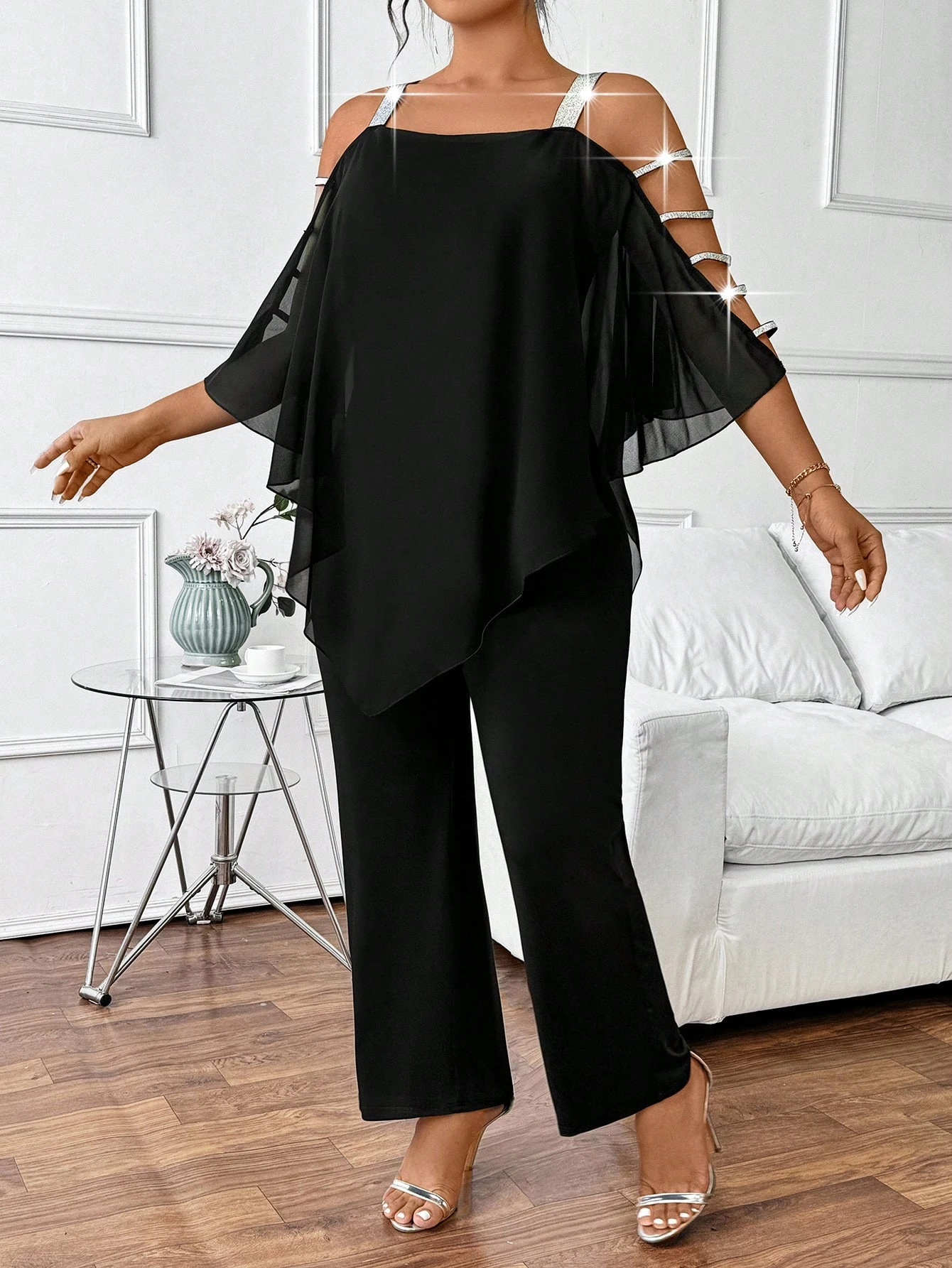 Übergroßer Jumpsuit für Damen mit Strass, Offenem Schulterbereich, Chiffon-Flügelärmeln und Weitem Bein, Elegante Party- und Abendgarderobe – Detail 3
