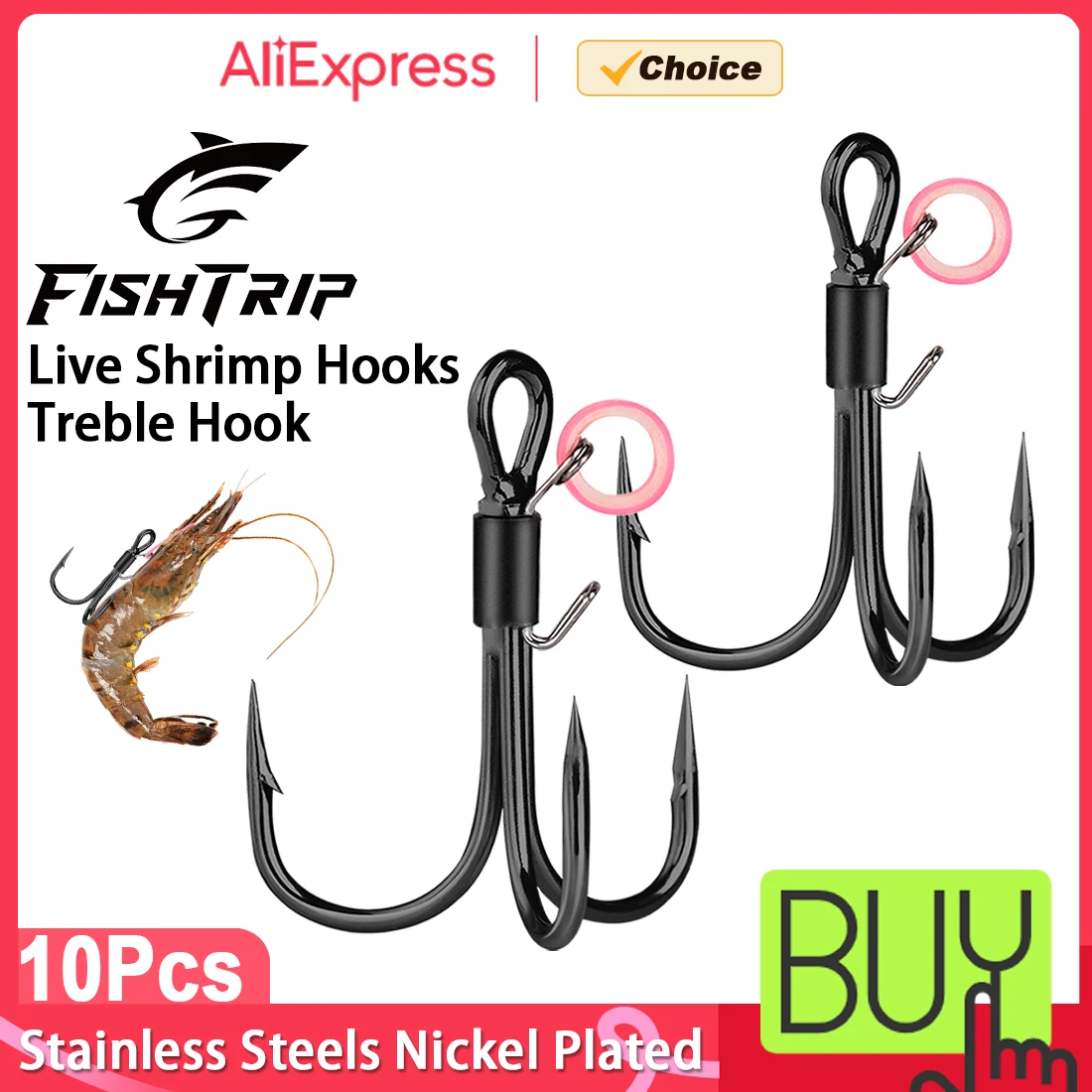 FishTrip 10pcs Treble Hook Live Shrimp Hooks High Carbon Steel Fishing Float Bait Holder Hooks For Bait Saltwater