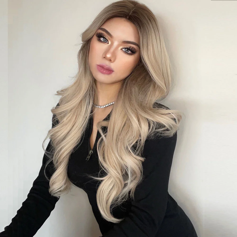 

Ombre Brown Ash Blonde Platinum Long Wavy Middle Part Hair Wig Cosplay Natural Heat Resistant Synthetic Wig for Women