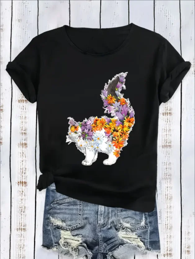 

Casual Style, Short Sleeve, Floral Cat Print Cute Round Neck T-Shirt, Sports Top For Women