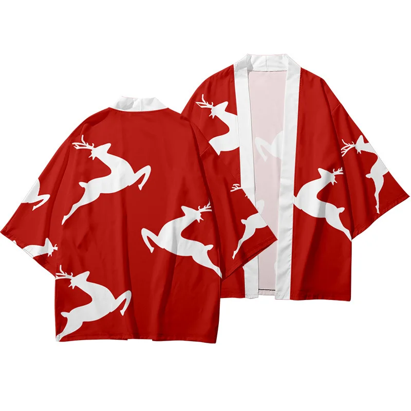 Men's Japanese traditional ethnic kimono cardigan women's kimono Christmas elk pattern kimono bathrobe