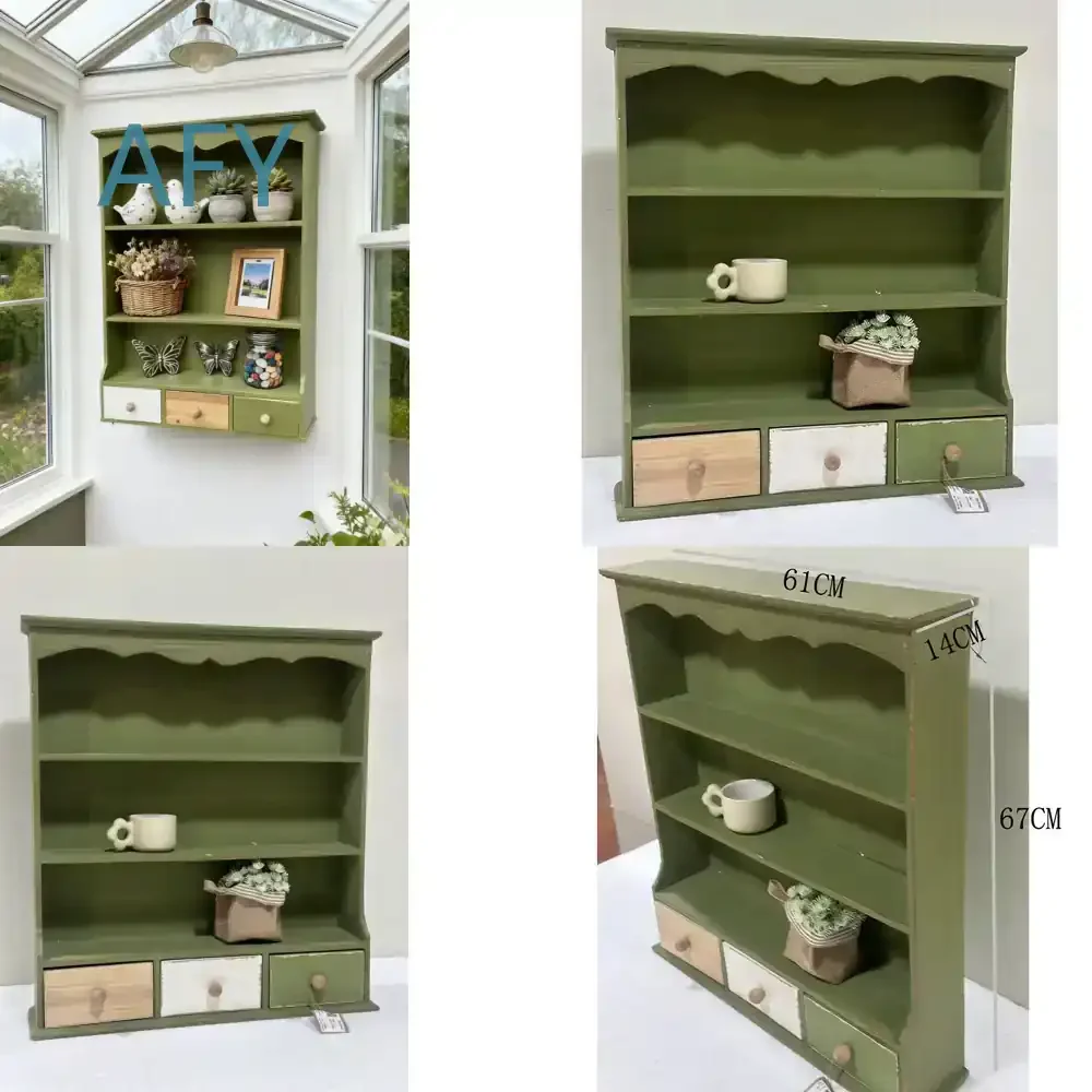 Rustic Green Wall Mounted Shelf with Drawers for Farmhouse Decor Distressed Wood Storage Cabinet Display Organizer for Living