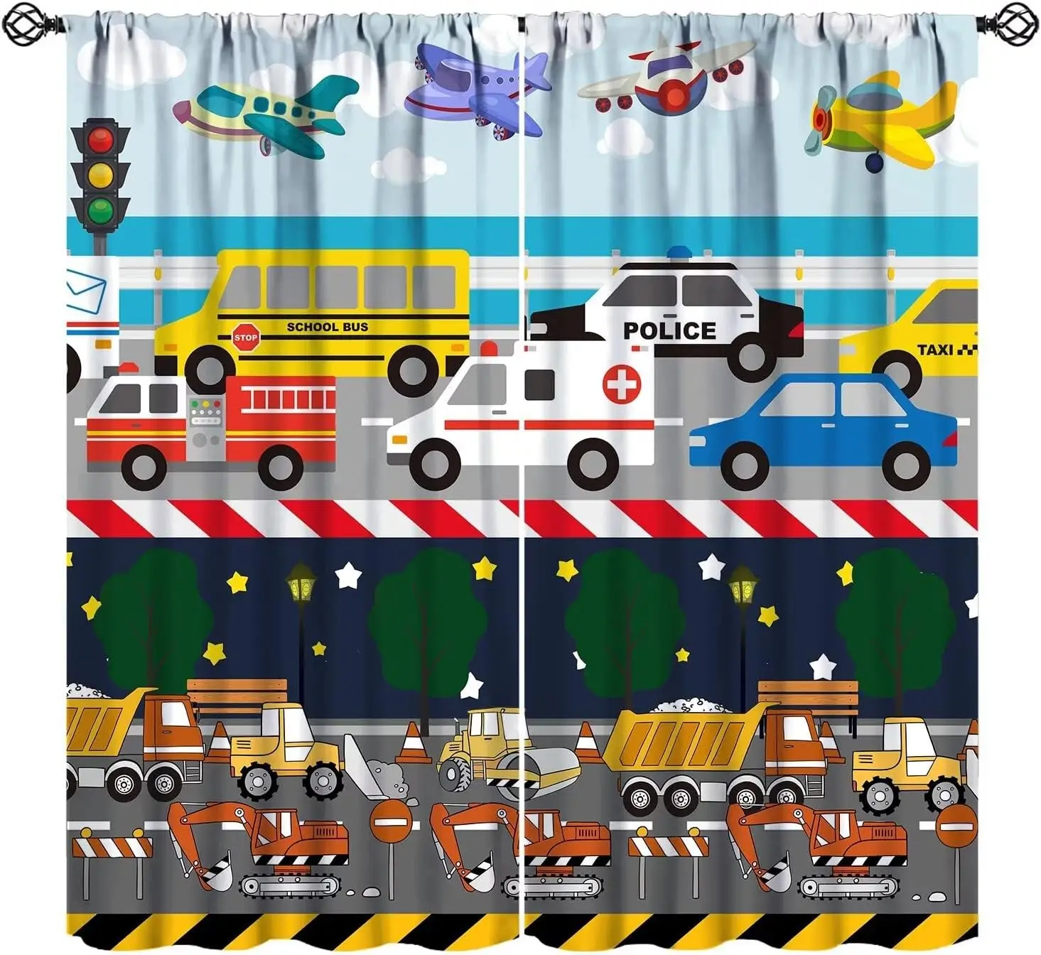 Kids Truck Curtains,Construction Car Tractor Cartoon Colorful Bulldozer Tractor Airplane Pattern 2 Panel Rod Pocket Window