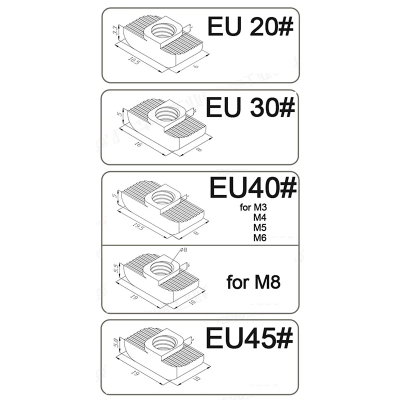 European Standard M3 M4 M5 M6 M8 Carbon Steel T-Nuts; Sliding T-Nuts; Hammer Head Nuts; Aluminum Profile Fasteningors