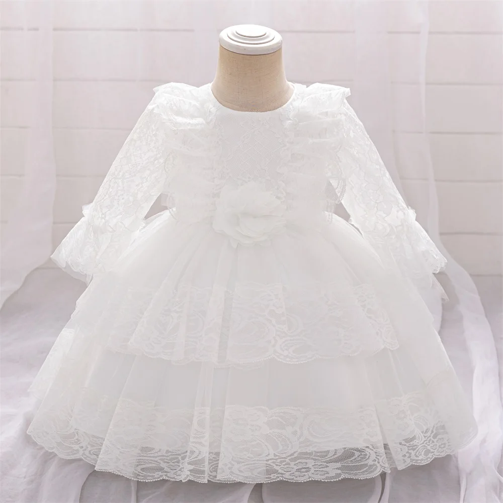 White Baptism Baby Girls Party Dress Long Sleeve Flower Tulle 1st Birthday Wedding Princess Dress Kids Bridemaid First Communion