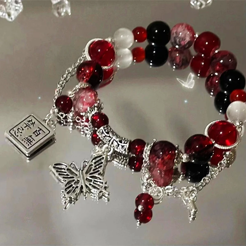 Rotes Perlen armband im chinesischen Stil für Frauen, die Schmetterlings quasten ketten anhänger armbänder mit dunklem gotischem Schmuck – Detail 1
