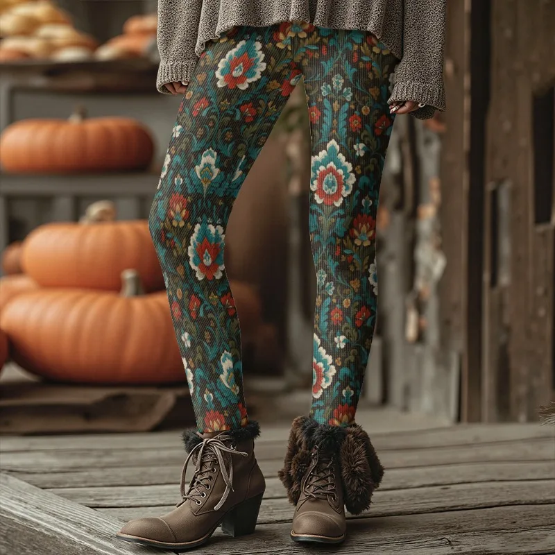 المرأة خمر الملونة الأزهار طباعة سميكة الشتاء طماق الجوارب الحرارية الدافئة لخريف شتاء موضة السراويل الناعمة بسط #2