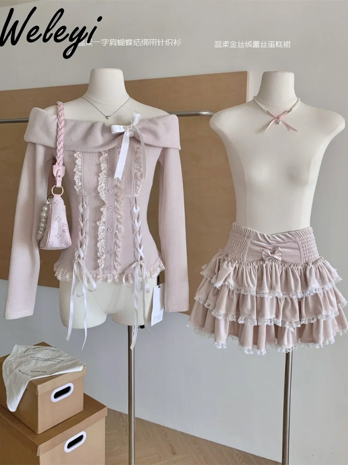 Sweet Girl Gentle Knitted Suit Autumn and Winter New Japanese Cute Women's Slash Neck Knitting Top Short Cake Skirt 2-pieces Set