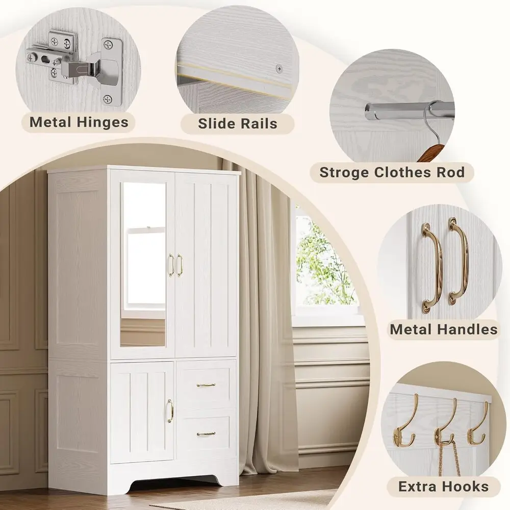 LIKIMIO Wardrobe Closet with Mirror and Doors & Drawers and Shelves, Wooden Armoire Storage Cabinet with Hanging Rod for Bedroom
