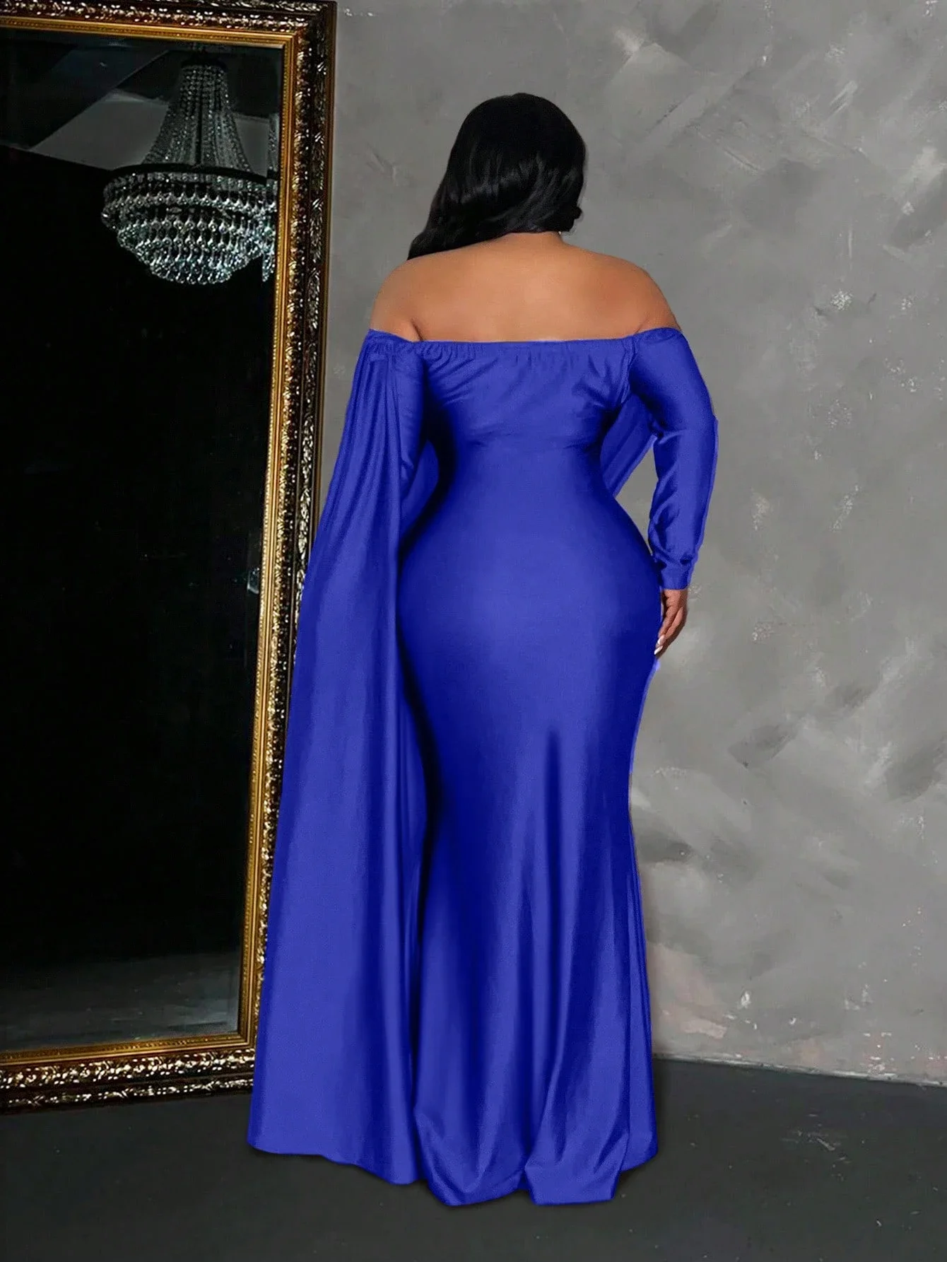 

Off Shoulder Long Sleeve Fitted Floor Length Solid Blue Evening Dress