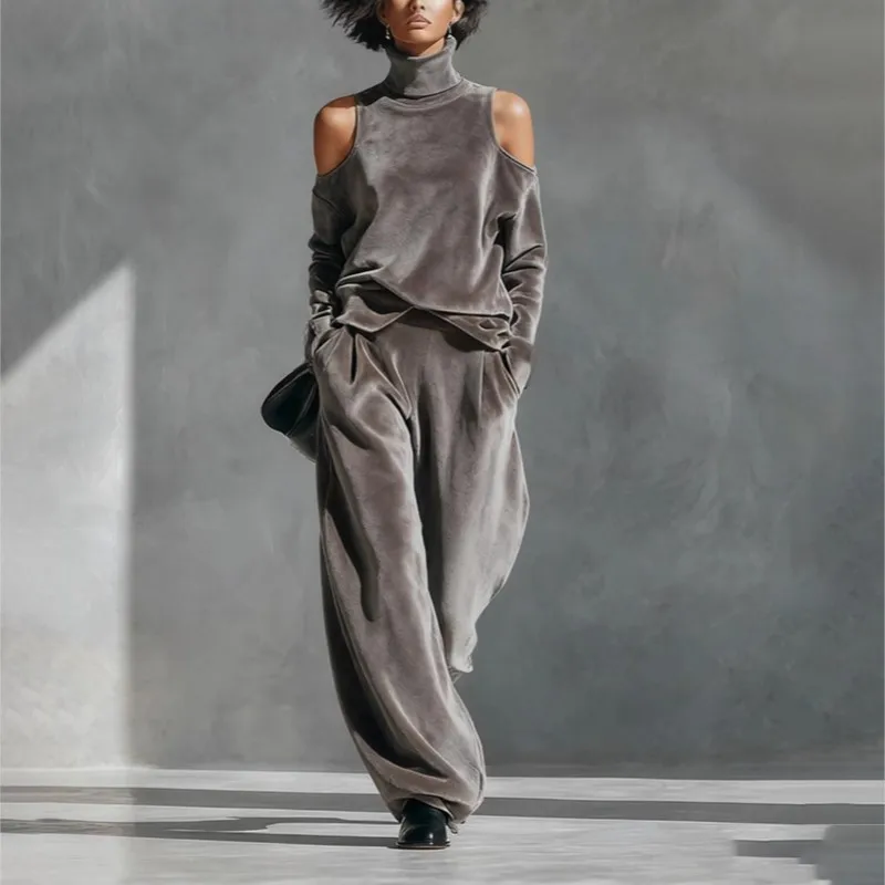 Temperament Solid Office Two Piece Set Women's Autumn Sexy Off Shoulder High Collar Top+Wide Leg Pants Suit Lady Fashion Outfit