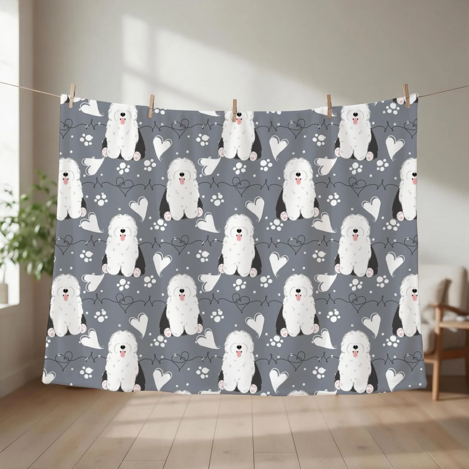 LOVE Old English Sheepdog - Black and White 1 Throw Blanket couch cozy soft plush fuzzy picnic outdoor blanket