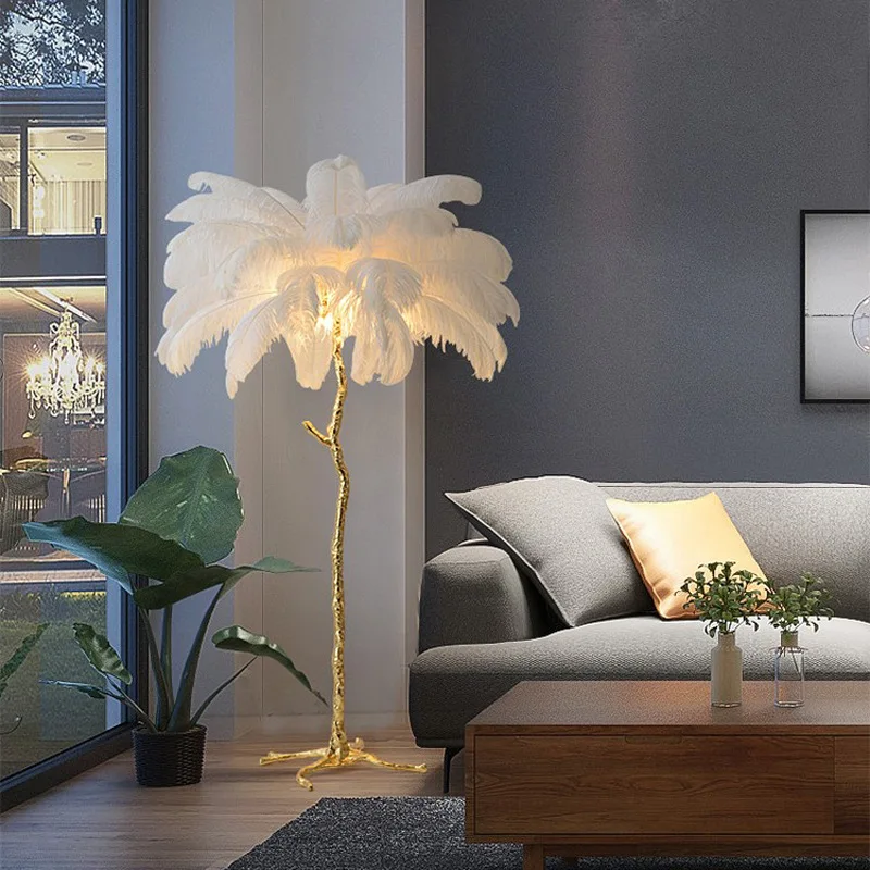 Elegant Ostrich Feather Resin Floor Lamps Living Dining Room Hotel Lobby Luxury Corner LED Standing Lights Atmosphere Decoration