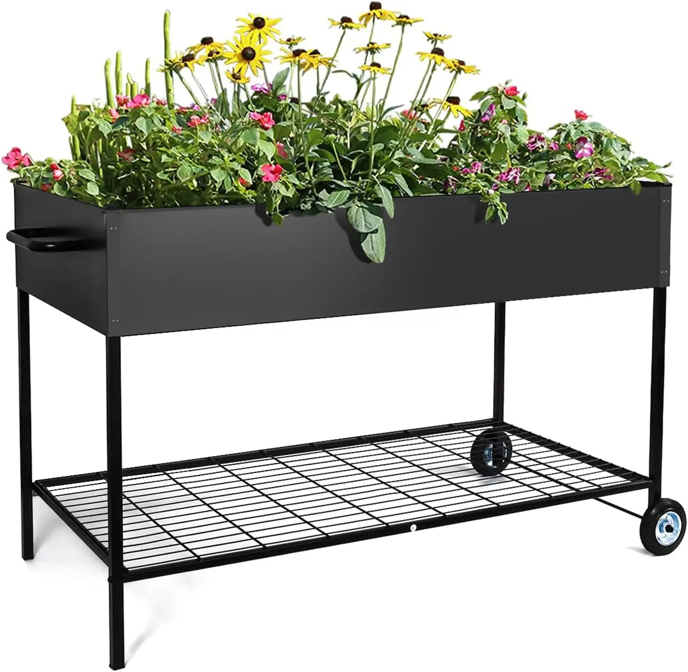 Metal Raised Garden Bed with Legs and Rollers, 2 Tier Planter Box for Outdoor Gardening, Growing Vegetables and Plants