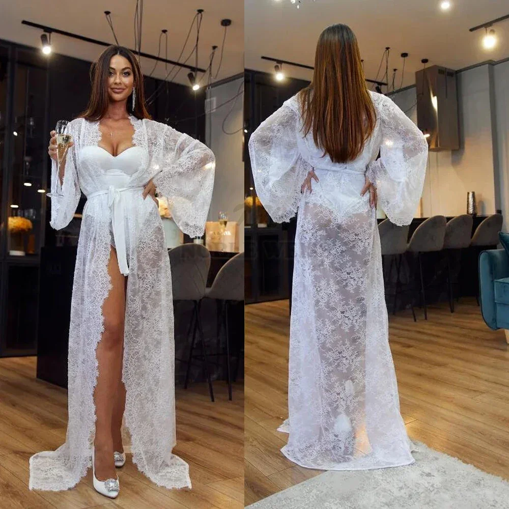 Wedding Lace Robe Long Sleeve Wedding Dressing Gown Women Bridal Honeymoon Robe Long Jackets Customized