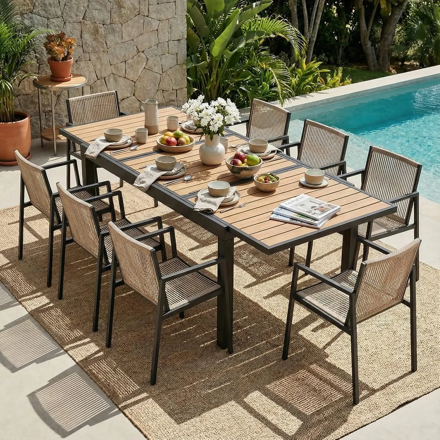 Expandable Outdoor Dining Table Set 4-8 Person Aluminum Wood Top 55