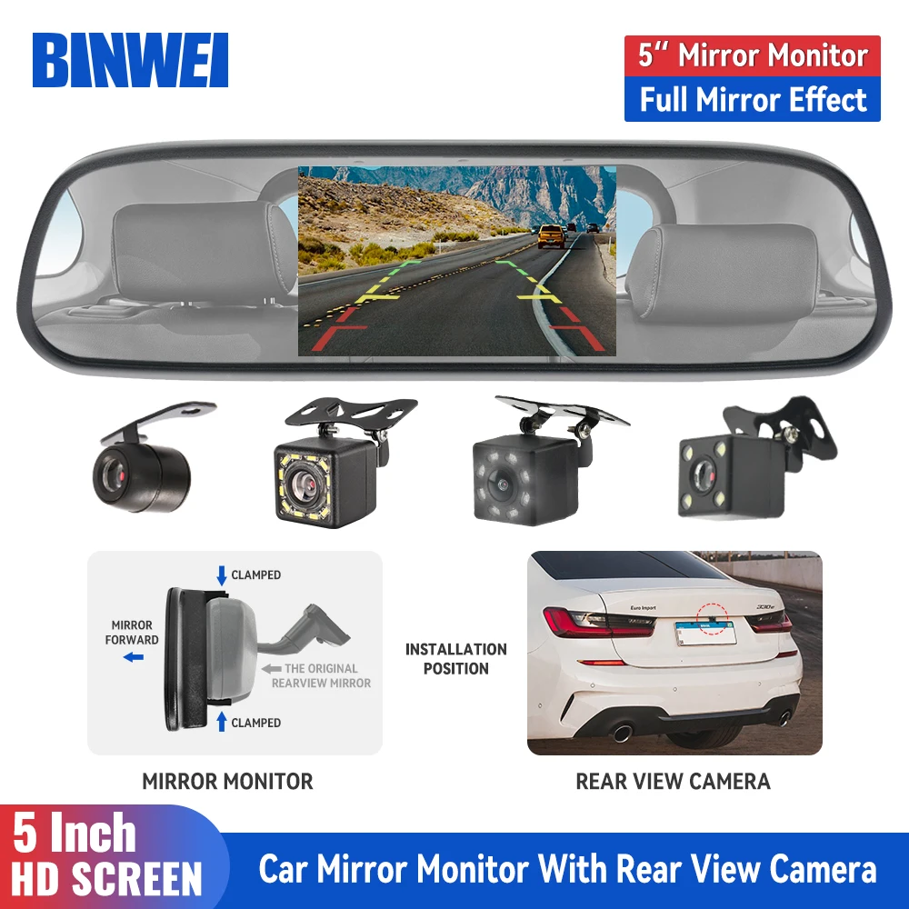 BINWEI Car Rear View Mirror Monitor with Camera for Vehicle Parking 5 Inch Screen Rearview Mirror Camera for Hd Reversing Camera