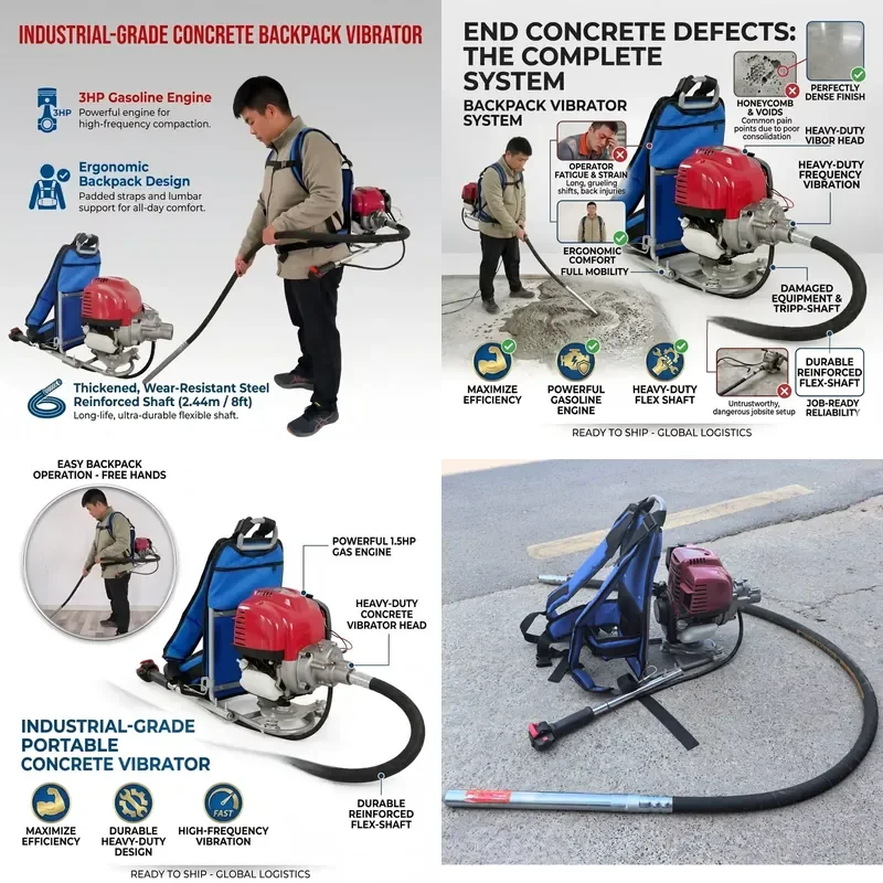 for 3HP   Engine Portable Backpack Concrete Vibrator with 2.44m Flexible Shaft for Degassing and Filling