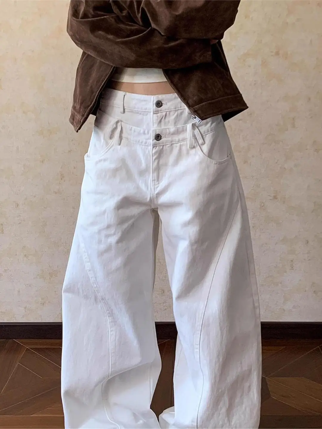 

Retro American Design Double Waist Knife Jeans Men Women Cleanfit Loose Straight Casual Pants Youth ular Pure Color