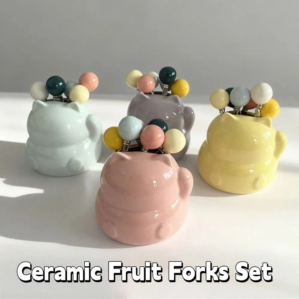 

Cartoon Cat Ceramic Fruit Forks Set Creative Ins Style Dessert Forks with Storage Jar Household Solid Color