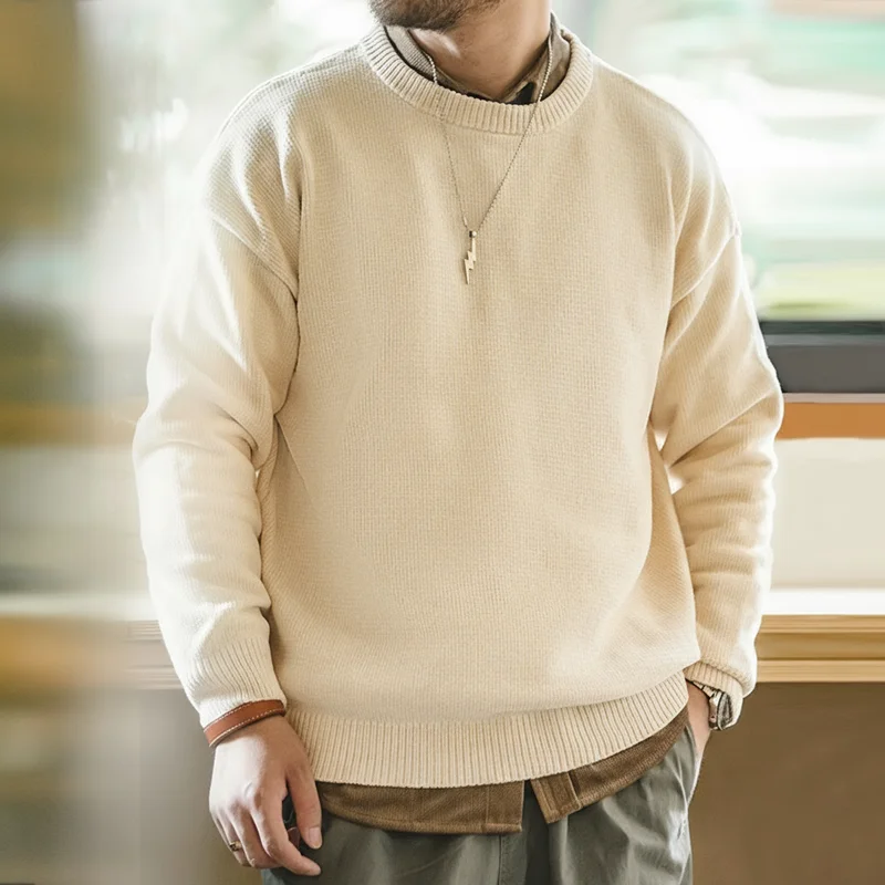 Maden Casual Chenille Round Neck Sweater for Men Warm Skin-friendly Beige Knitwear Autumn Winter Basic Solid Color Soft Sweater