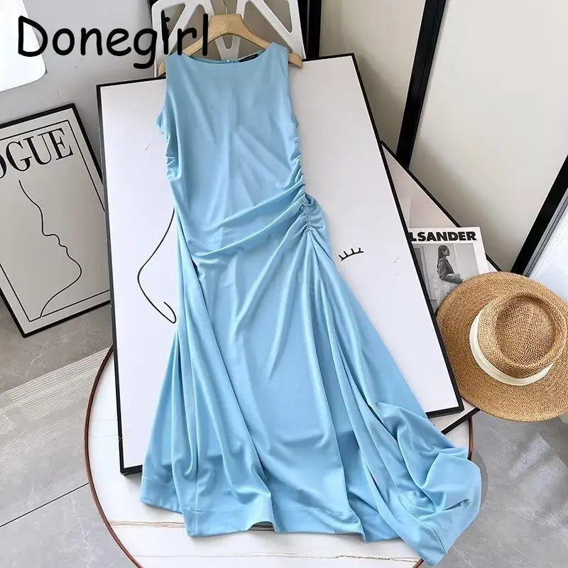 Donegirl 2023 New Women Summer Round Neck Sleeveless Asymmetrical Long Dresses Solid Pleats Slim Elegant Dresses Female Chic