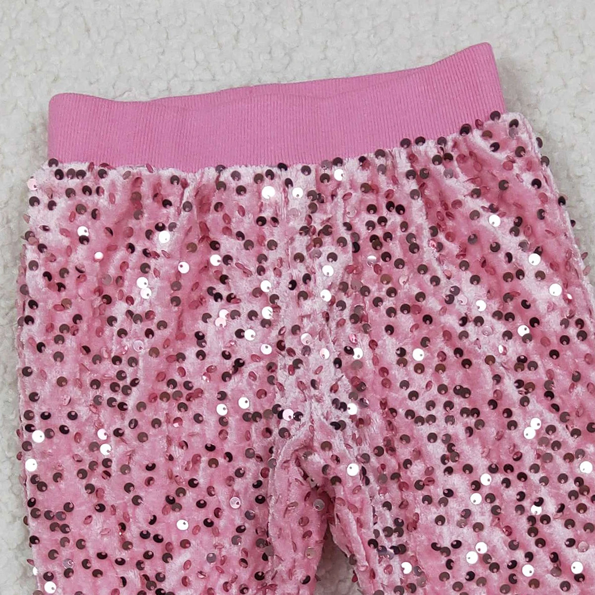 الفتيات الوردي الفاتح الترتر جرس أسفل السراويل تألق الترتر الوردي جرس أسفل السراويل ملابس الأطفال المناسبات الخاصة