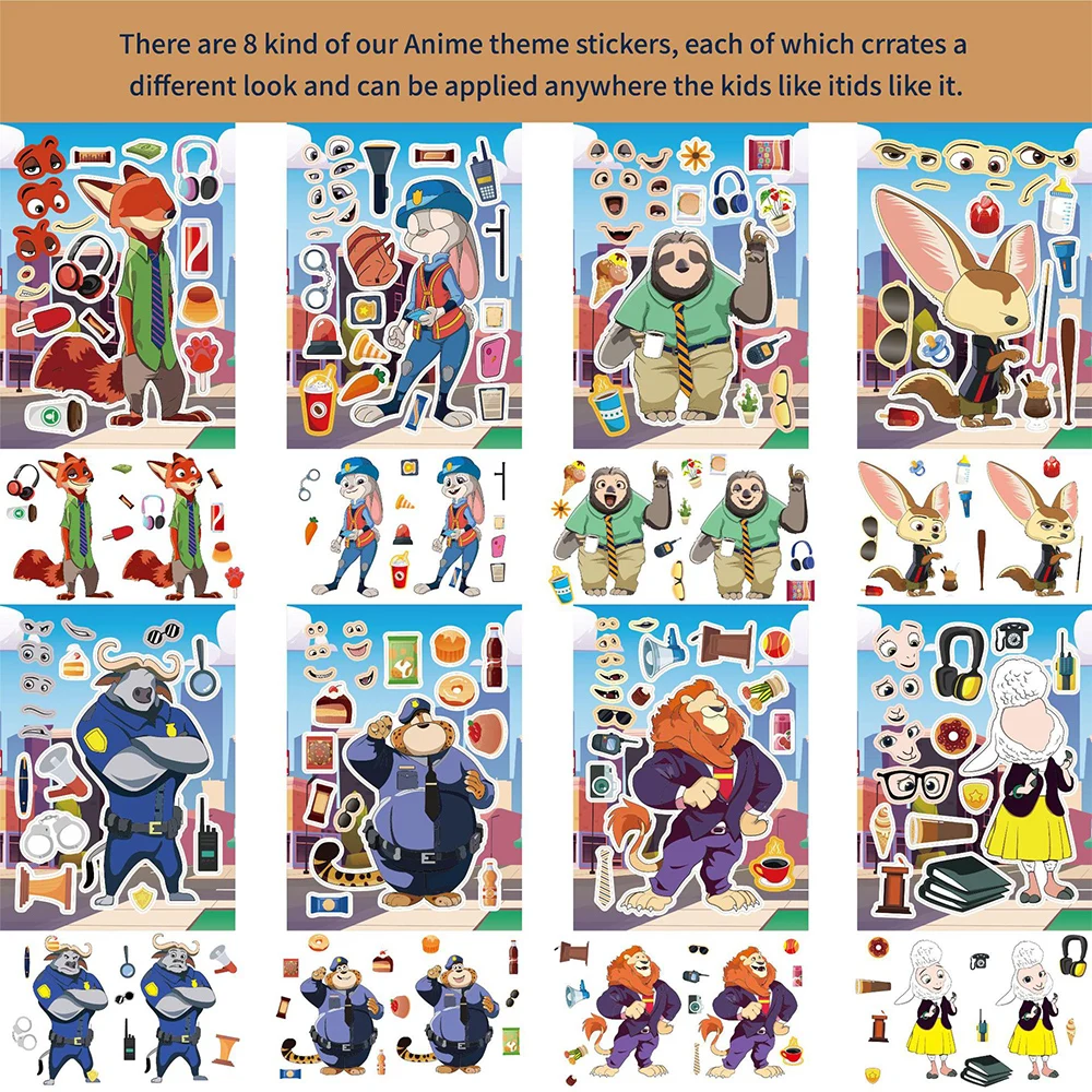 8/16Sheets Disney Cartoon Zootopia Puzzle Stickers Game Make a Face Children Assemble Jigsaw Kids Educational Toys Party Favor