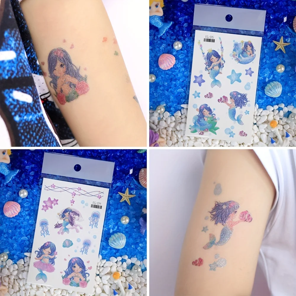 12 Sheets Glitter Mermaid Tattoo Stickers For Body Art Cute Unicorn Temporary Tattoos Body Art Fake Tattoo Birthday Party Favors
