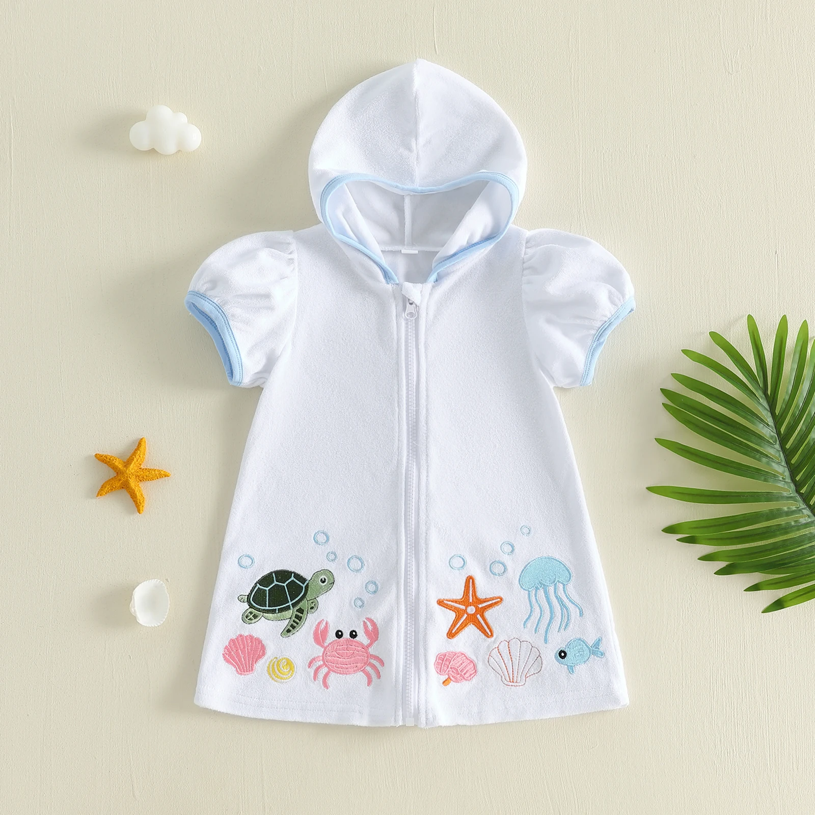 1-6Y Toddler Girl Beach Cover Up Short Sleeve Hooded Terry Cloth Robe Crab Starfish Embroidery Zip Up Bath Wrap Swimwear
