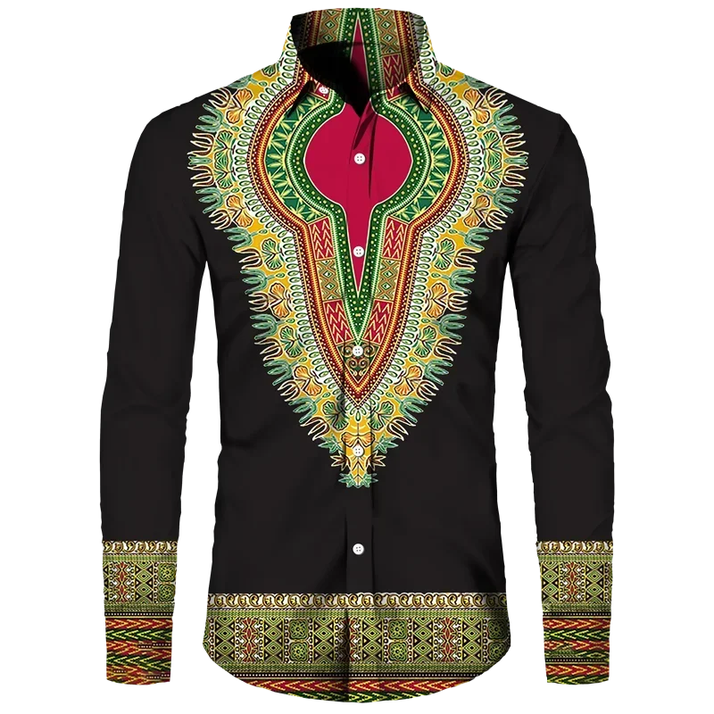 

African Dashiki Print Men's Turn-down Collar Button Shirts Casual Long Sleeve Tops Apparel Ethnic Style Streetwear Clothes Shirt