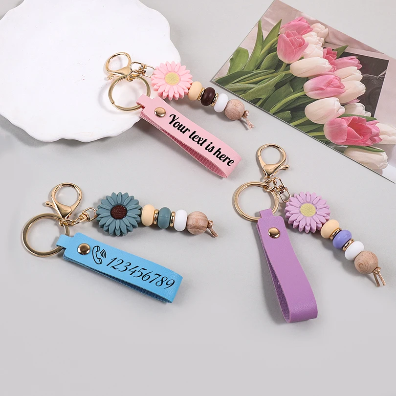

Personalized Name Keychain Laser Engraved Bag Gift Party Favor Custom Name Key Ring Daisy Pendant Custom Text Keychain