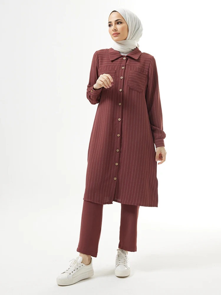 Striped Tunic Trousers Set Muslim Women Combination