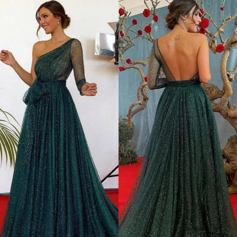 Charming Hunter Grün Prom Kleider Lange Hülse der Schulter Pailletten Tüll Formale Abendkleider Dubai Arabisch Robe De Soiree