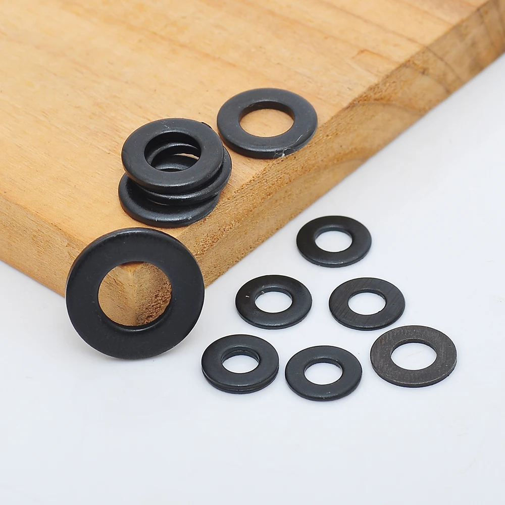 NINDEJIN 500pcs Flat Washer Set m2 m2.5 m3 m4 m5 m6 m8 m10 Carbon Steel Black Gasket Set Plain Washer Assortment Kit Ring