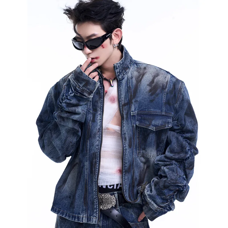 FEWQ Dirty Sleeves Short Stand Collar Men\'s Denim Jacket AutumnWinter 2024 Bell-bottoms Jeans High Street Male Sets