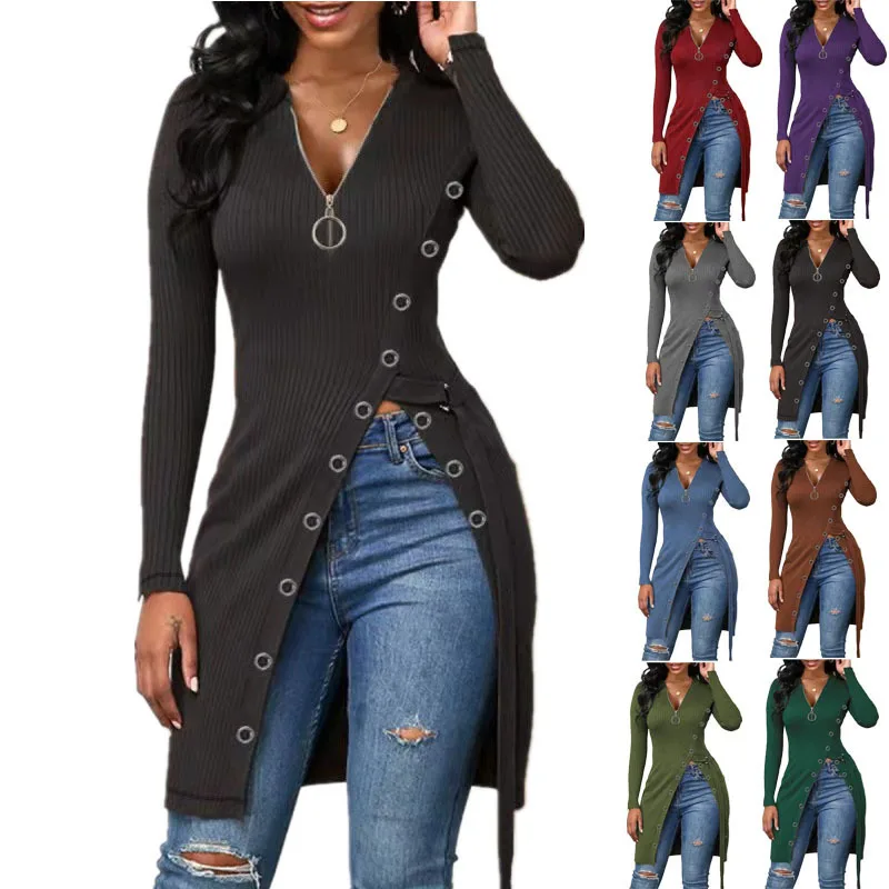 Fashion Spring Autumn Women's V-Neck Long Sleeve High Slit Thread Zip T-Shirt Top