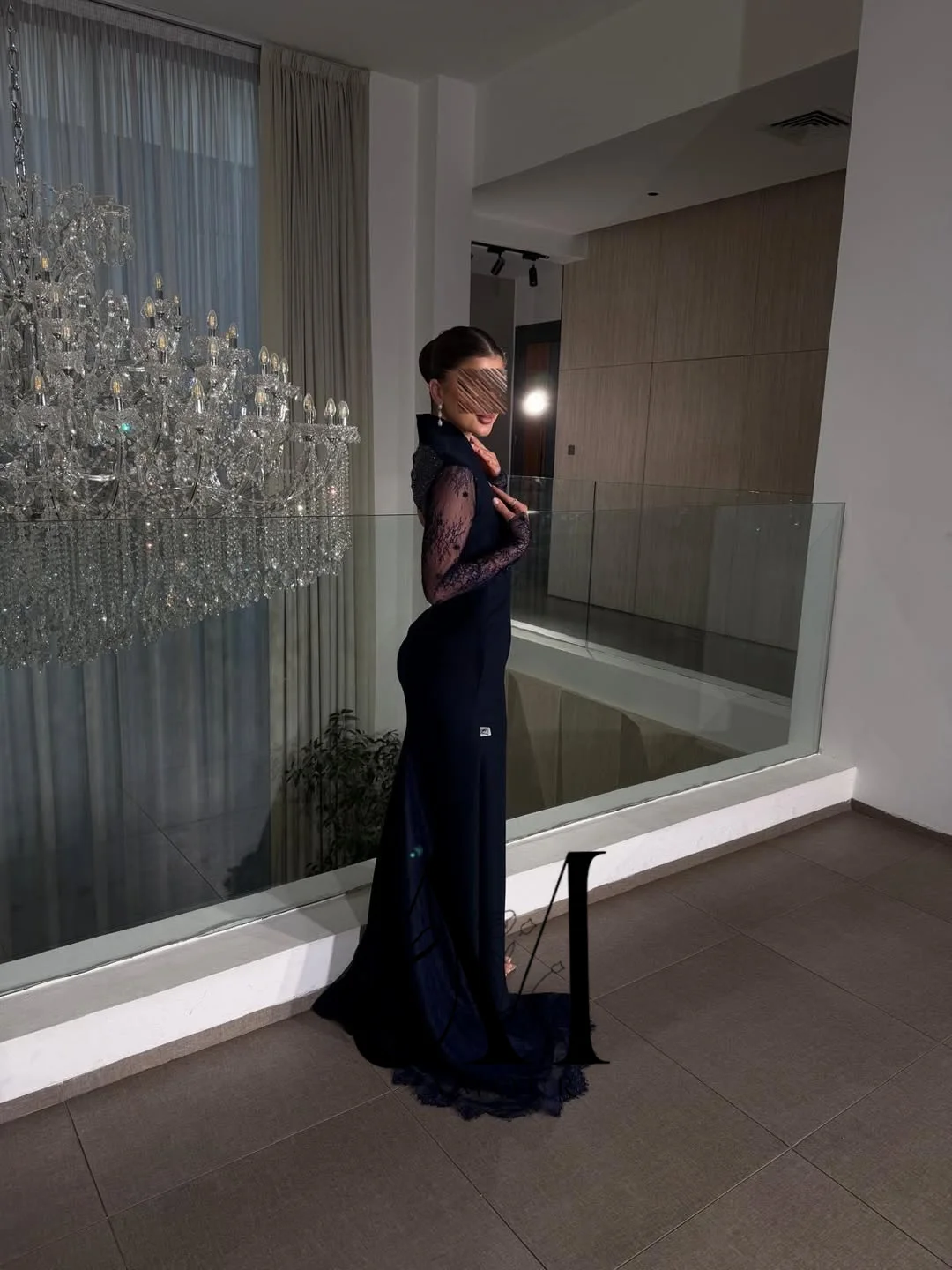 Amour Navy Blue Elegant Formal Evening Dresses Sheer Long Sleeves Floor-Length Hem Arab Party Dress Dubai Ball Gown Customized