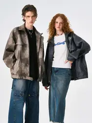 American Style Vintage Tie-Dye Couple's Jacket Men's And Women's Fashion High Street 2024 Autumn Loose Casual Pu Jackets