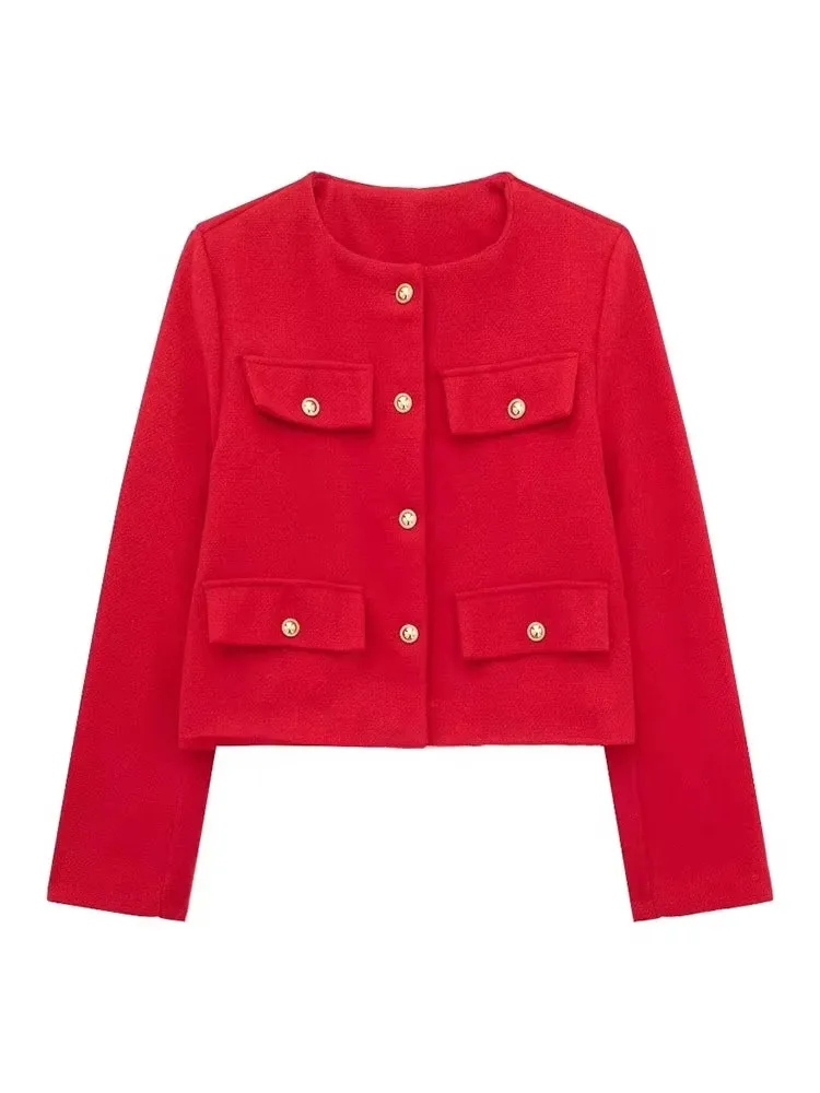 

HH женское винтажное однотонное пальто на пуговицах с длинным рукавом и круглым вырезом с карманом 2024, весенняя элегантная женская повседневная верхняя одежда Jakcet