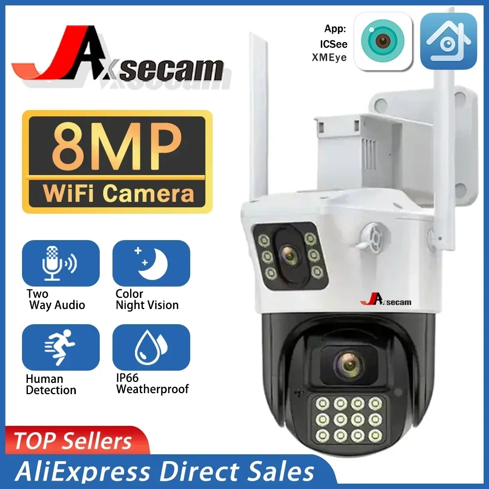 camera de seguranca impermeavel dual lens vigilancia por video cctv luz policial alarme camera ip protecao protecao 8mp 4k wifi 01