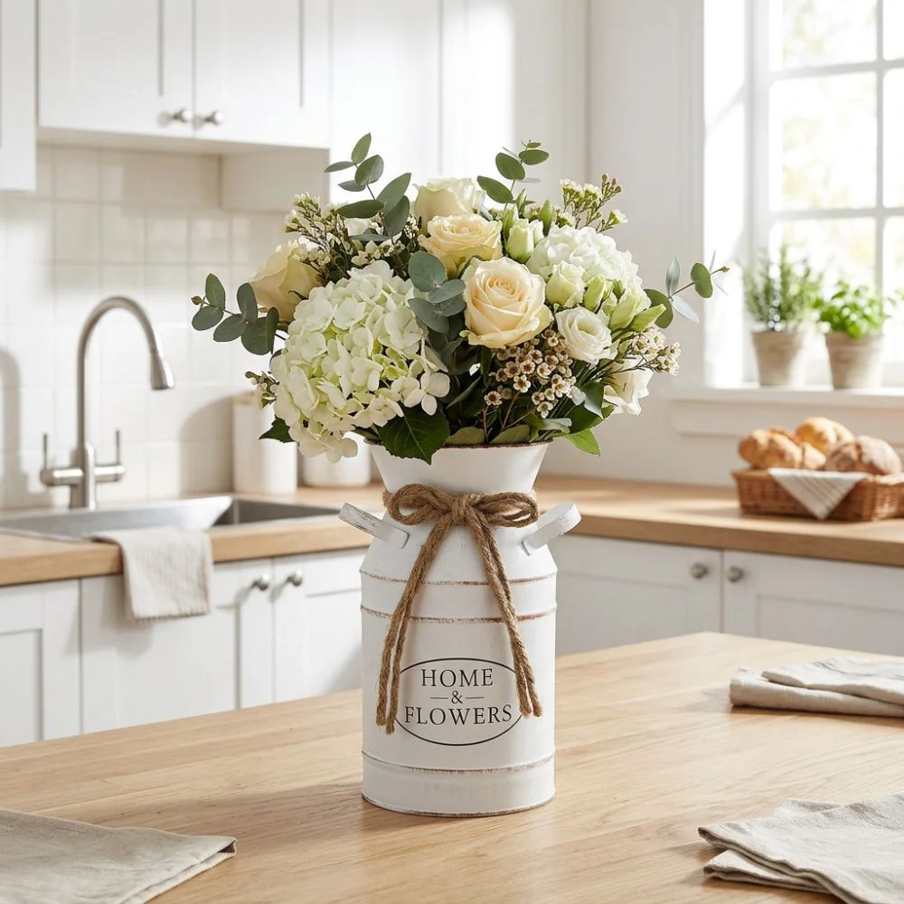 Classic Rustic Style Farmhouse Vintage Vase Two Side Handle Decorative Flower Jug Galvanized Iron Flower Bucket Photo Prop