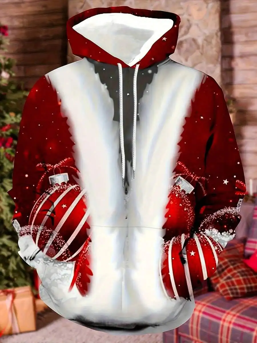 

Mens Plus Size 3D Christmas Hoodie Featuring Santa Design In Red And White, Stretch Polyester Long Sleeve Sweatshirt For