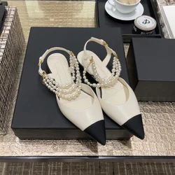 2024 New French Vintage Baotou High Heels Pearl Chain Color-Blocked Pointed-toe Flats Woman's Shoes